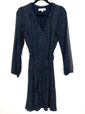 LOFT‎ Navy Polka Dot Belted Long Sleeve Fit & Flare Dress 8 Medium -Runs